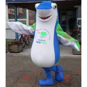 Mascote gigante e impressionante de tubarão azul branco e verde