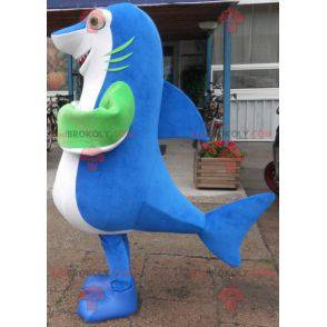 Mascotte de requin bleu blanc et vert géant et impressionnant -