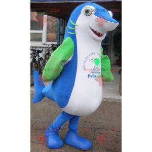Mascota gigante e impresionante tiburón azul, blanco y verde -