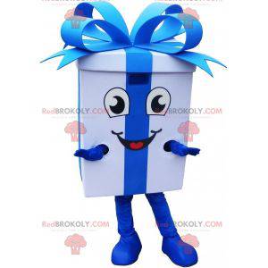 Reusachtige witte geschenkmascotte met een blauw lint -