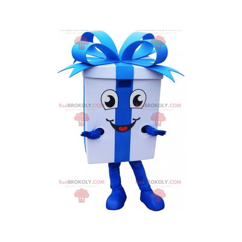 Mascota gigante de regalo blanco con una cinta azul -