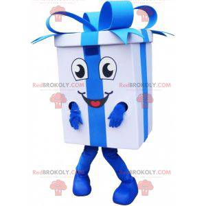 Reusachtige witte geschenkmascotte met een blauw lint -