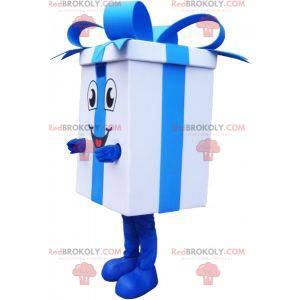 Reusachtige witte geschenkmascotte met een blauw lint -