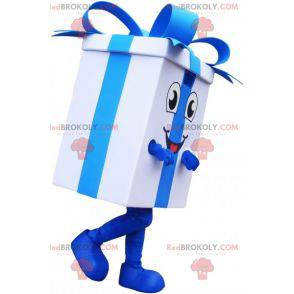 Mascota gigante de regalo blanco con una cinta azul -