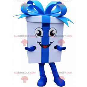 Reusachtige witte geschenkmascotte met een blauw lint -