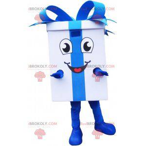 Reusachtige witte geschenkmascotte met een blauw lint -