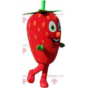 Mascota de fresa gigante. Mascota de frutas rojas y verdes -