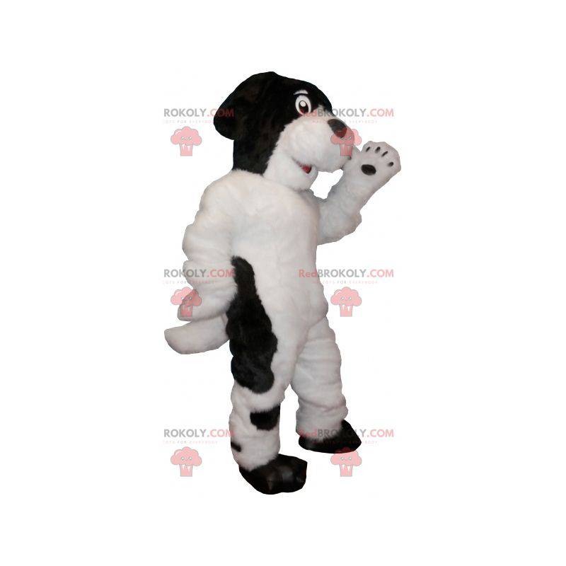 Mascote de cachorro branco e preto peludo e fofo -