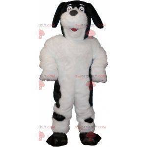 Mascote de cachorro branco e preto peludo e fofo -