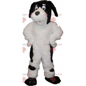 Mascote de cachorro branco e preto peludo e fofo -