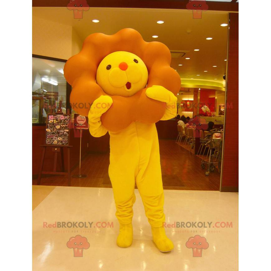 Mascot león amarillo y marrón con una gran melena -