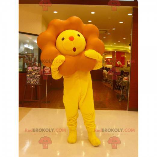 Mascotte de lion jaune et marron avec une grande crinière -
