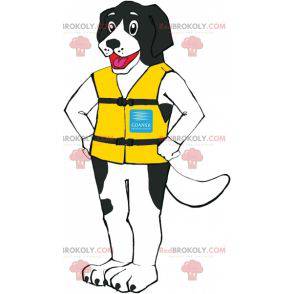 Mascotte de chien poilu noir et blanc avec un gilet jaune -