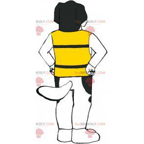Zwart-witte harige hond mascotte met een geel vest -