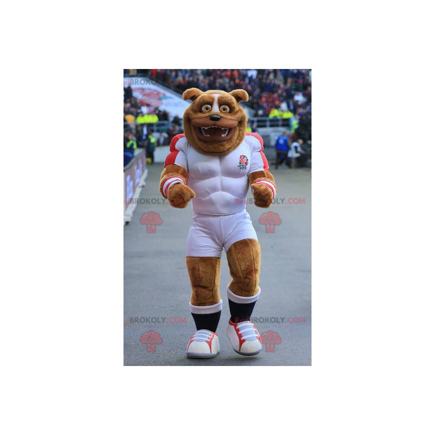 Mascotte de chien marron de bulldog musclé en tenue de sport -
