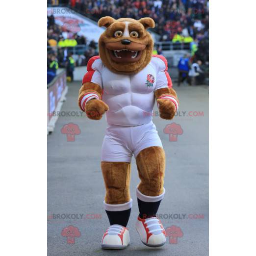 Mascote de cachorro marrom musculoso em roupas esportivas -