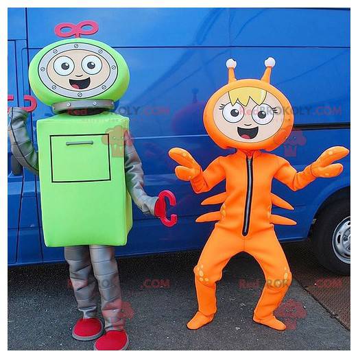 2 mascottes een groene robot en een oranje rivierkreeft -