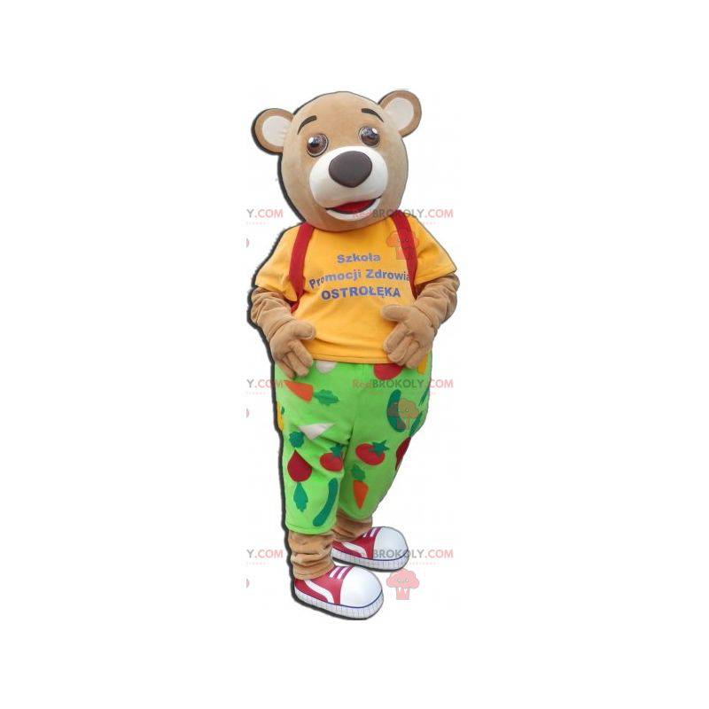 Bear maskot i grønt og gult tøj. Rødkors maskot - Redbrokoly.com