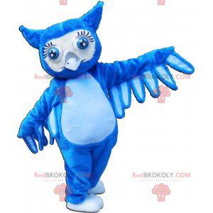 Mascotte gufo blu gigante con grandi occhi azzurri -