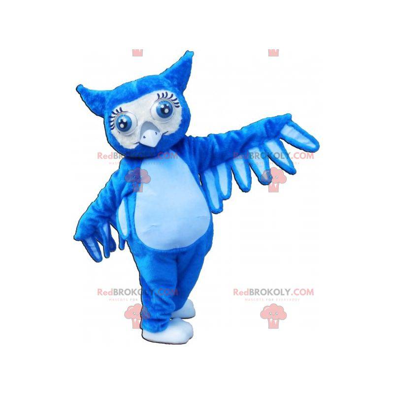 Mascotte de hibou bleu géant avec de grands yeux bleus -