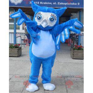 Mascotte de hibou bleu géant avec de grands yeux bleus -