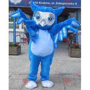 Mascotte gufo blu gigante con grandi occhi azzurri -