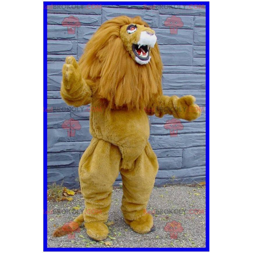 Brun och vit lejonmaskot med en stor man - Redbrokoly.com