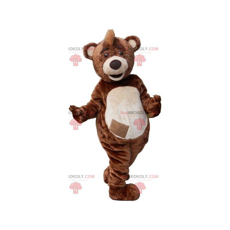 Brown and white teddy bear mascot with a crest - Redbrokoly.com