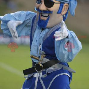 Mascotte de pirate moustachu en tenue bleue
