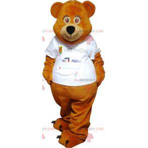 Mascota del oso de peluche marrón vestida de blanco -
