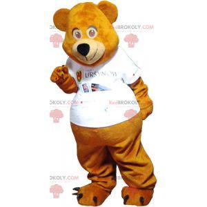 Brun bamse maskot kledd i hvitt - Redbrokoly.com