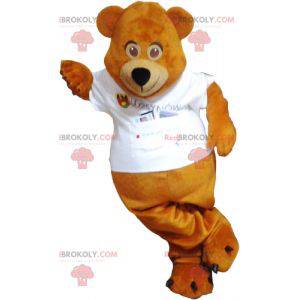 Mascote urso de pelúcia marrom vestido de branco -