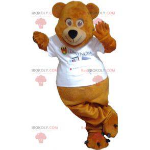 Brun bamse maskot kledd i hvitt - Redbrokoly.com