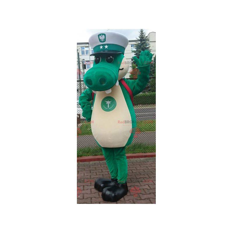 Mascotte groene krokodil met een kapiteinspet - Redbrokoly.com