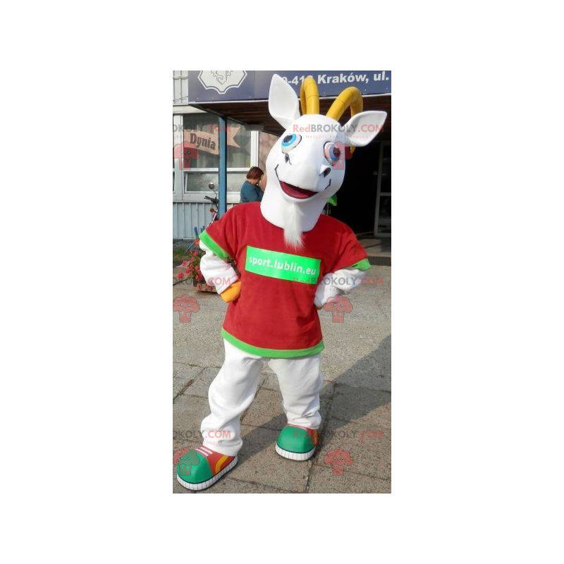 Mascotte capra bianca e gialla. Mascotte di capra -