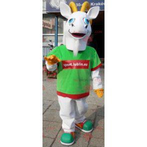 Mascot deporte cabra. Traje de cabra gris en ropa deportiva -