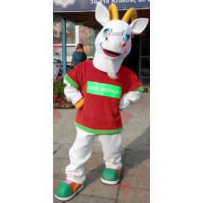 Mascot deporte cabra. Traje de cabra gris en ropa deportiva -
