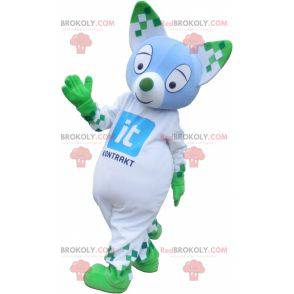 Blaues und grünes Katzenmaskottchen. Grünes Tiermaskottchen -