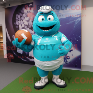 Turquoise Rugby Ball mascot...