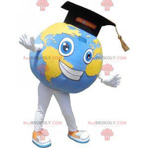 Mascota gigante del mapa del mundo con gorra graduada -