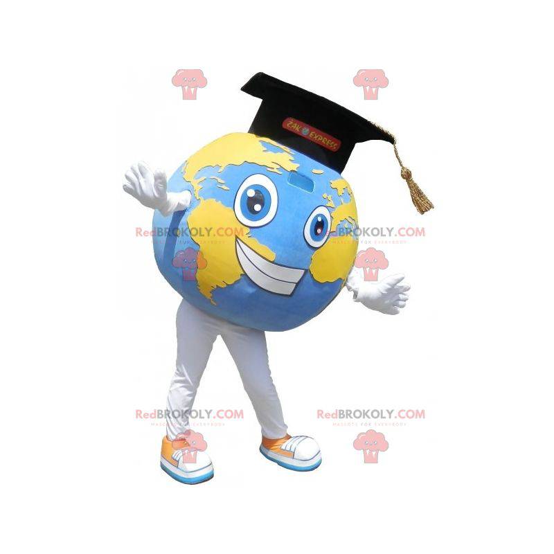 Mascota gigante del mapa del mundo con gorra graduada -