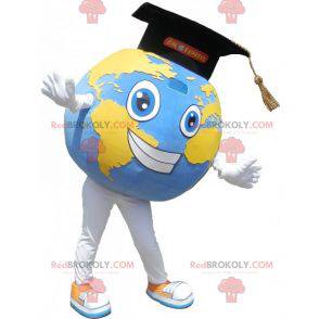 Mascote gigante do mapa-múndi com chapéu de pós-graduação -