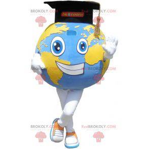 Mascota gigante del mapa del mundo con gorra graduada -