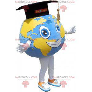 Mascota gigante del mapa del mundo con gorra graduada -