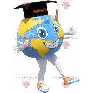 Mascota gigante del mapa del mundo con gorra graduada -