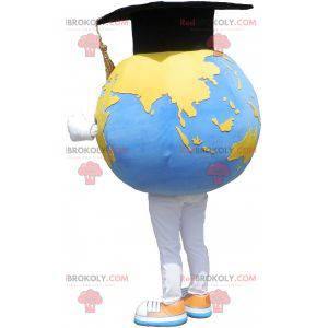 Mascota gigante del mapa del mundo con gorra graduada -