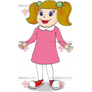 Red-haired girl mascot dressed in pink with quilts -