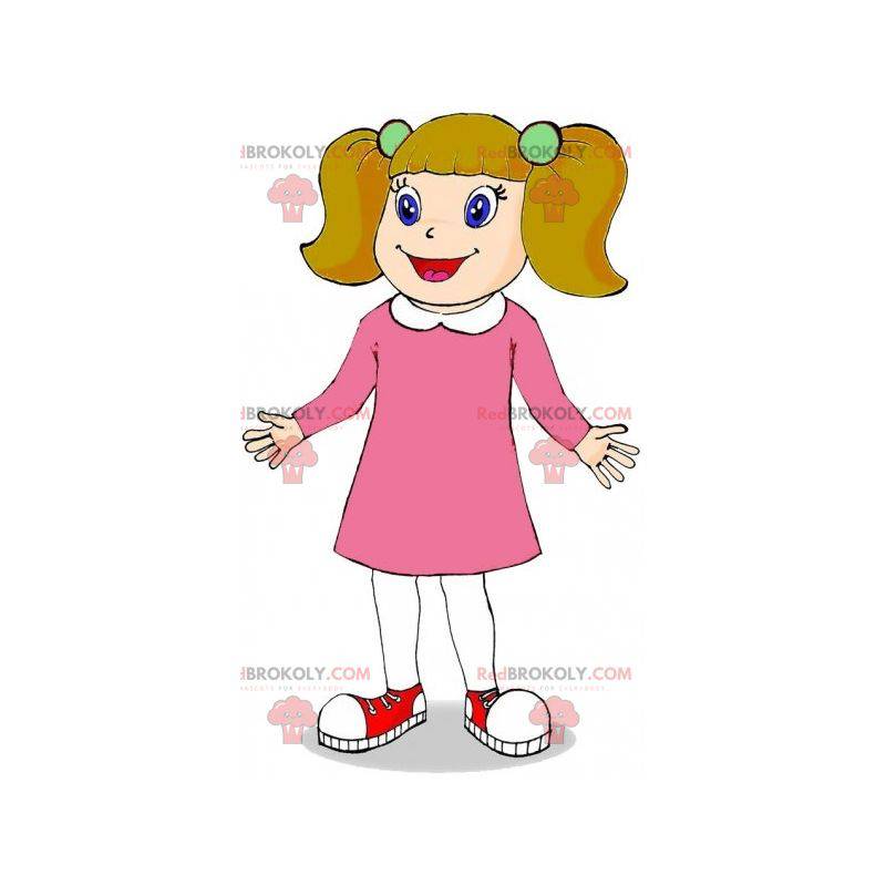 Mascotte de fillette rousse habillée en rose avec des couettes