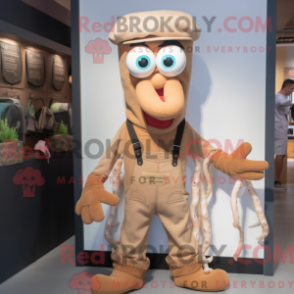 Fantasia de mascote de lula bege com macacão e gravatas - Lulas mascotes - REBROKO_233974 - RedBrokoly.com