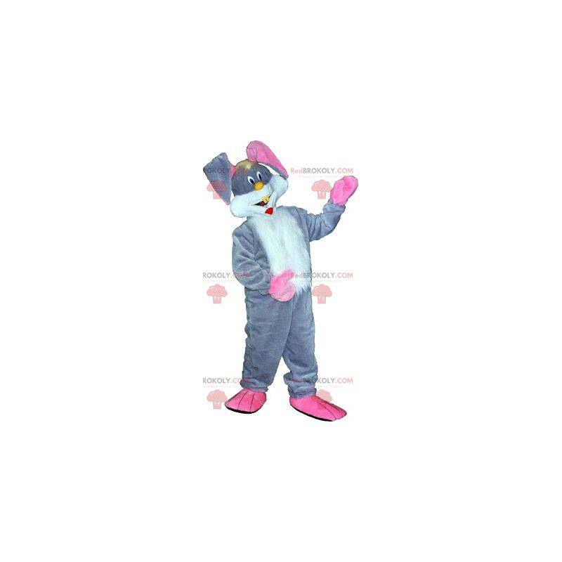 White and pink gray rabbit mascot. Bunny costume -